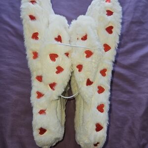 Fuzzy White Slippers with Red Hearts